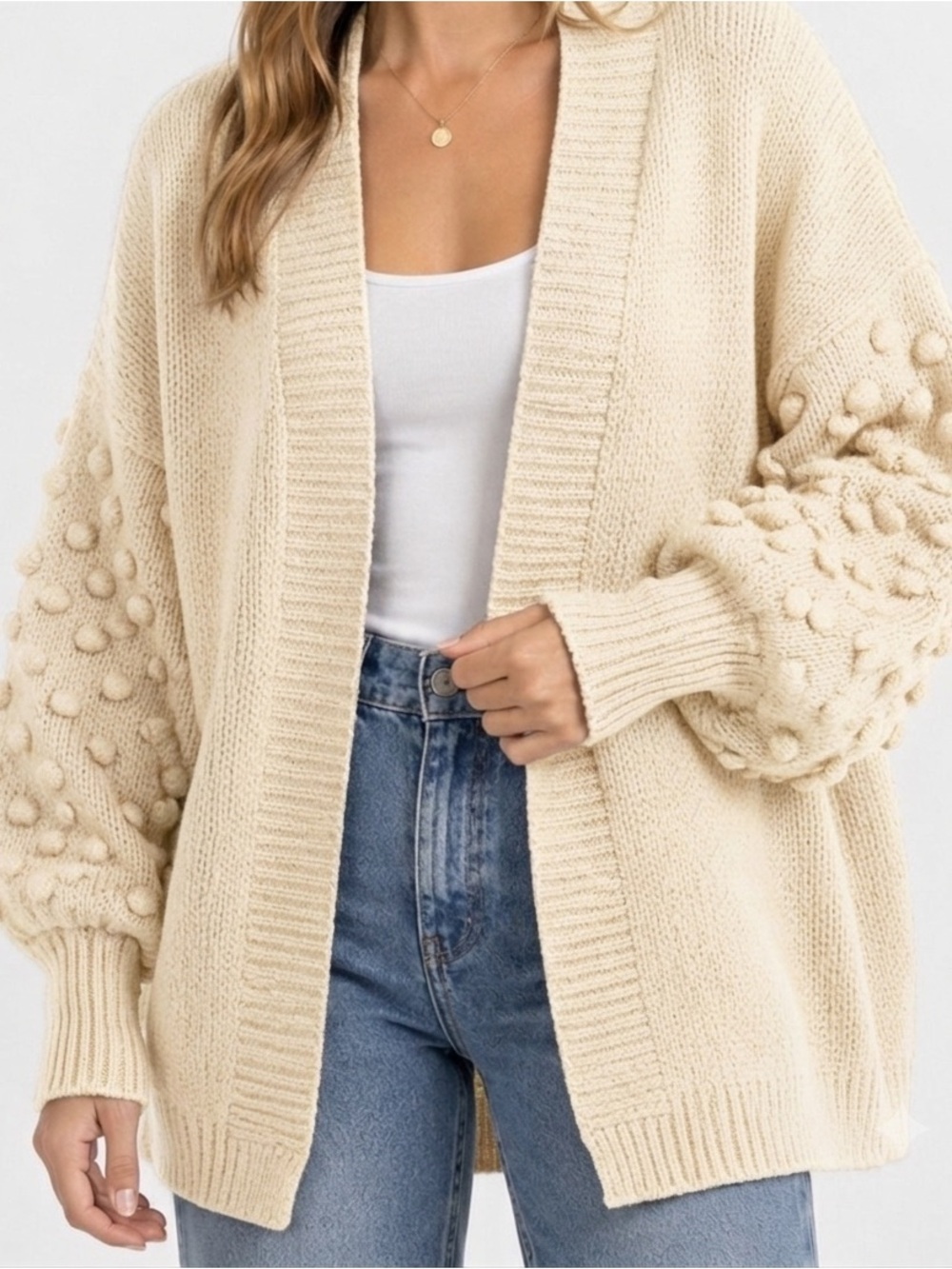 Umgee Cream Open-Front Oversized Popcorn Sleeve Knit Cardigan
